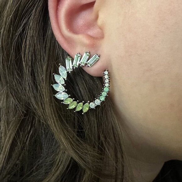 Private Label Jewelry - NEW Green Pastel Crystal Stones Semi-Circle Statement Earrings